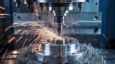 The CNC milling machine cutting the metal shaft with the sparking light. The hi-technology mold and die manufacturing process by CNC milling machine.の素材