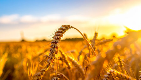 Wheat field. Ears of golden wheat close up. Beautiful Nature Sunset Landscape.の素材