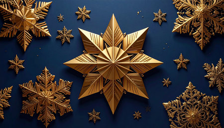 Golden christmas star with snowflakes on blue background. 3d renderingの素材