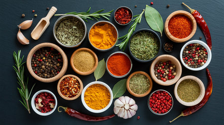 Variety of spices and herbs in bowls and spoons on black backgroundの素材