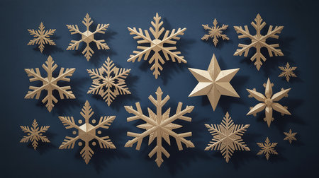 3d rendering of golden christmas snowflakes on blue backgroundの素材
