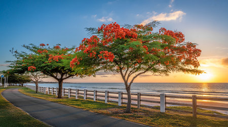 Tropical tree along the beach at sunset, Chonburi, Thailandの素材