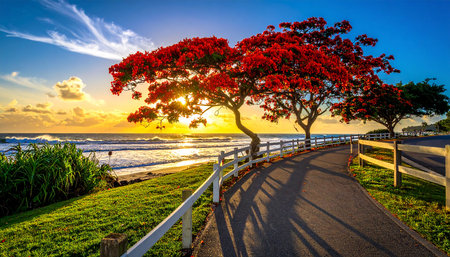 Beautiful sunset on the beach with blooming tree in the foregroundの素材