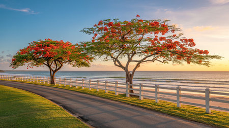Flamboyant tree and road along the beach at sunset.の素材