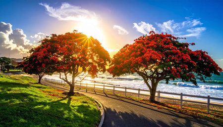 Tropical beach with blooming red flowers in Sri Lanka at sunsetの素材
