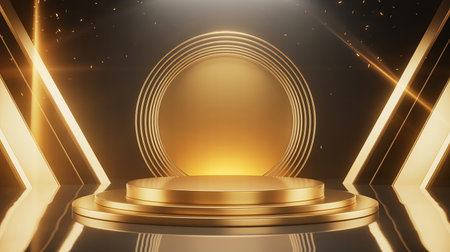 Abstract background with golden geometric shapes and round podium. 3d renderの素材