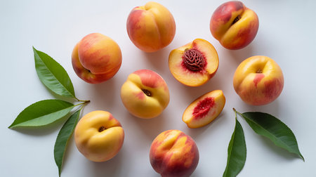 Ripe peaches with green leaves on a white background. Top viewの素材