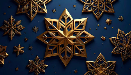 Christmas background with golden snowflakes on dark blue background. 3d renderingの素材