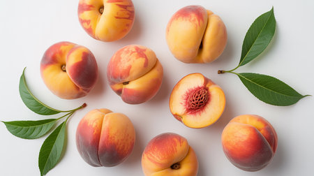 Peaches with leaves on white background. Flat lay, top viewの素材