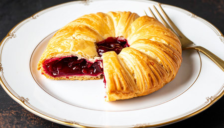 Freshly baked berry croissant on a white plate.の素材