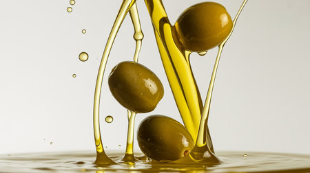 olive oil splashing on a white background with some olivesの素材