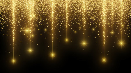 Golden glittering stars and sparkles on black background. Vector illustration.の素材