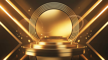 Abstract black and golden background with round podium. 3d rendering.の素材