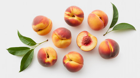 Fresh peaches with green leaves on white background. Top view.の素材