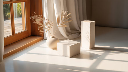 Wooden box and vase with palm leaf on white floor.の素材