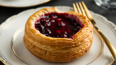 Freshly baked berry pie on a white plate with golden forkの素材