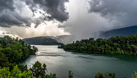 Rain clouds and rain storm over the lake in the mountains of Costa Ricaの素材