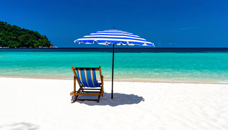 Beach chair and umbrella on tropical beach at Seychellesの素材