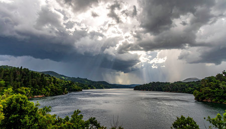 Stormy clouds over the lake in the mountains, view from the shoreの素材