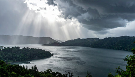 Sun rays breaking through the clouds over a lake in the mountains.の素材
