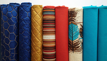 Colorful fabrics of different colors and textures on a shelf in a shopの素材