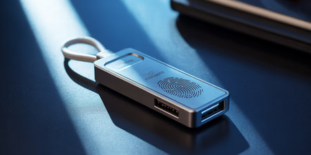 Close-up of USB flash drive and laptop on blue background.の素材