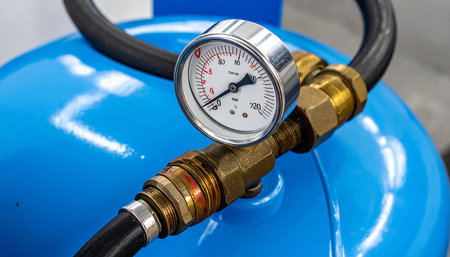 Pressure gauge on blue gas cylinder, closeup of pressure gaugeの素材