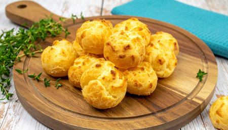 Homemade profiteroles on a cutting board on a white wooden backgroundの素材