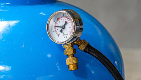 Pressure gauge on a blue gas tank, closeup of photoの素材