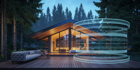 3d rendering of modern cozy chalet with pool and parking for sale or rent. Luxury wooden house in the forest at night. Internet of things conceptの素材