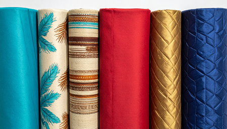 Rolls of colorful fabric for curtains and blinds on white backgroundの素材