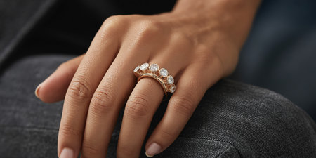 Beautiful woman with diamond ring on her hand, closeup viewの素材