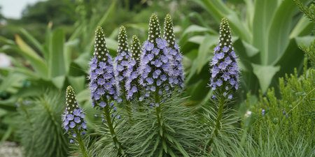 Blue flowers in the botanical garden, close-up view.の素材
