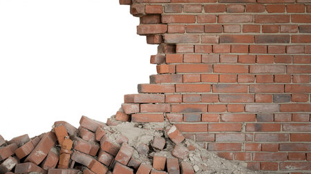 broken brick wall on white background with copy space for text or imageの素材