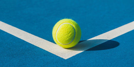 Tennis ball on the court with white line on blue background.の素材