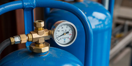 Close-up of pressure gauge on blue gas tank, industrial backgroundの素材