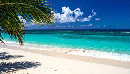 tropical beach in Maldives with few palm trees and blue lagoonの素材
