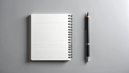 Blank notepad and pencil on grey background, 3d renderingの素材