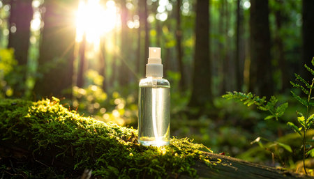 Spray bottle with antiseptic on moss in forest at sunsetの素材