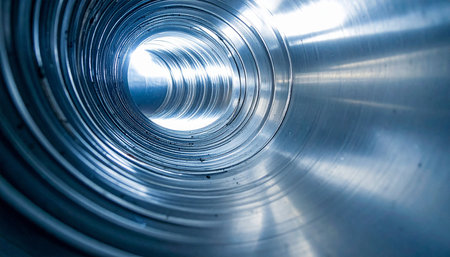 Stainless steel pipe in a factory, closeup of photoの素材