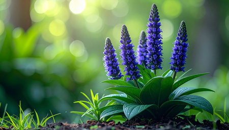 Blue lupine flower in the garden with bokeh backgroundの素材