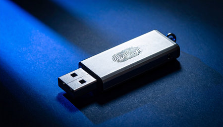 Usb flash drive with fingerprint scanner on blue background, closeupの素材