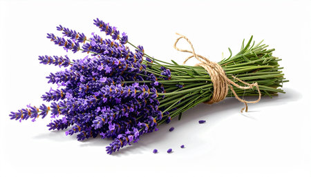 Bunch of lavender flowers tied with rope isolated on white backgroundの素材