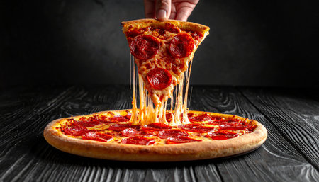 Pizza with pepperoni and mozzarella cheese on black wooden backgroundの素材