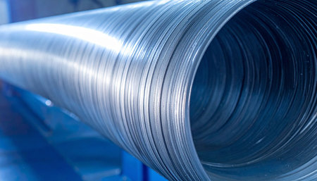 Rolls of galvanized sheet metal in a factory, closeup of photoの素材