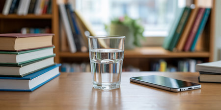 Glass of water and books on the table in the library, selective focusの素材