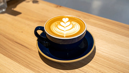 cup of coffee latte art on the wooden table in coffee shopの素材