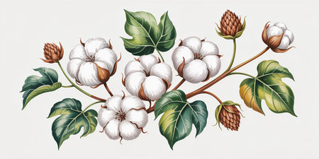 Cotton branch with flowers and leaves. Vector botanical illustration.の素材