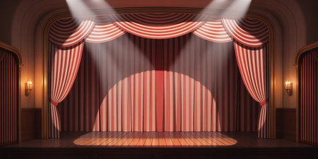 Stage with red curtains and spotlights, 3d rendering. Computer digital drawing.の素材