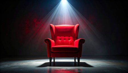 Red leather armchair in dark room illuminated by spotlights 3D renderingの素材